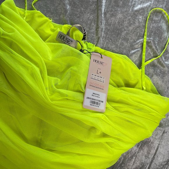 House of CB "Ella" Neon Green Ruched Organza Mesh Mini Dress - Picture 6 of 6